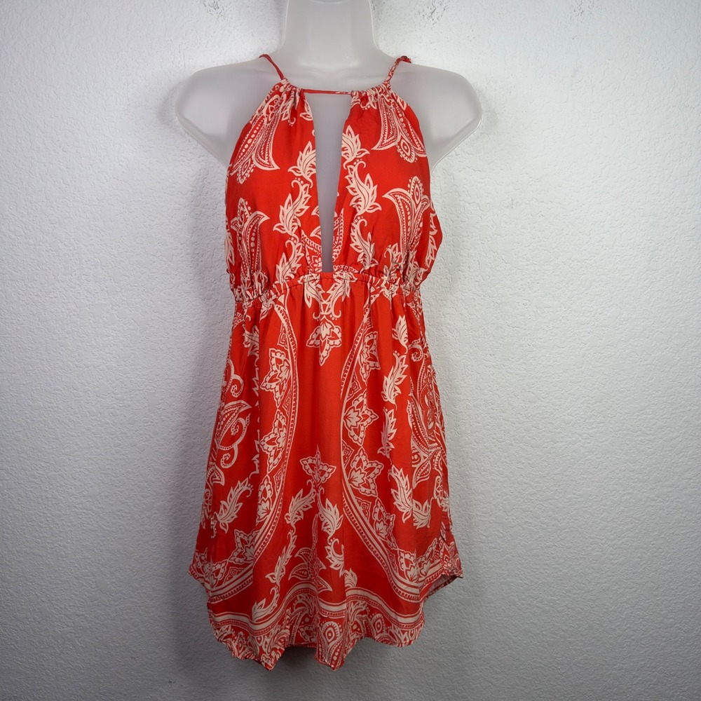 Farm Rio Dress Womens M Red Paisley Halter Boho Summer‎ Vacation Tropical Aloha